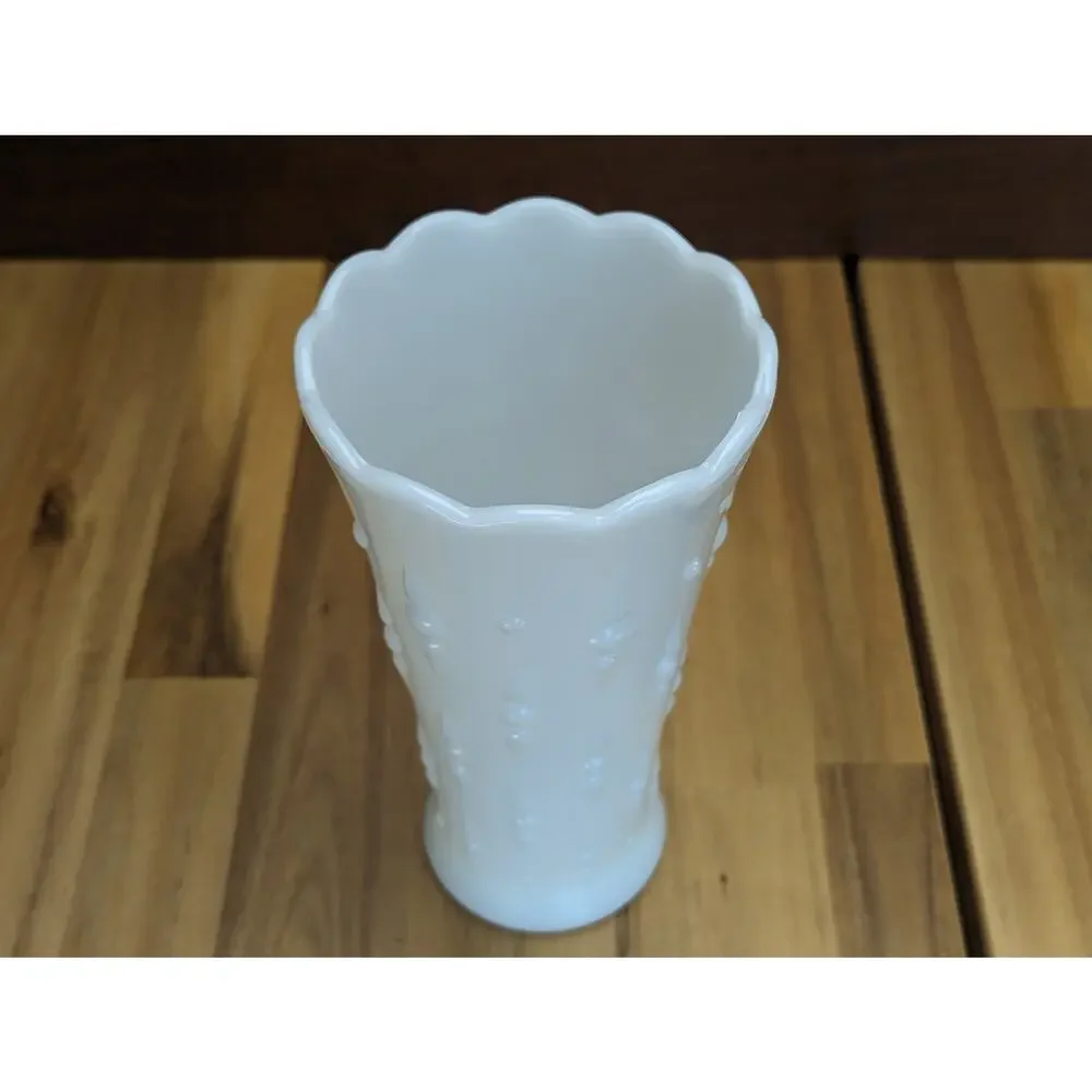 Anchor Hocking Raised Teardrop Milk Glass Vase Floral Scalloped Rim Hobnail